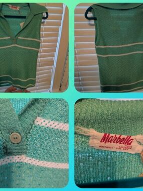MARELLA Mint Green Knit Sleeveless V-Neck Sweater with White Stripes